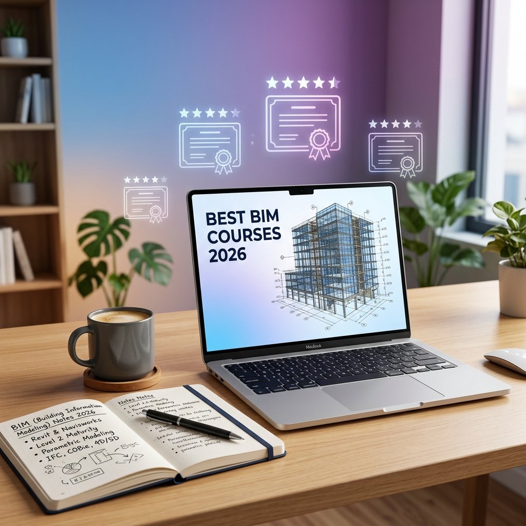 Los 7 Mejores Cursos BIM Online en 2026 (Comparativa Actualizada) 3 Portátil con modelo BIM 3D y materiales de estudio