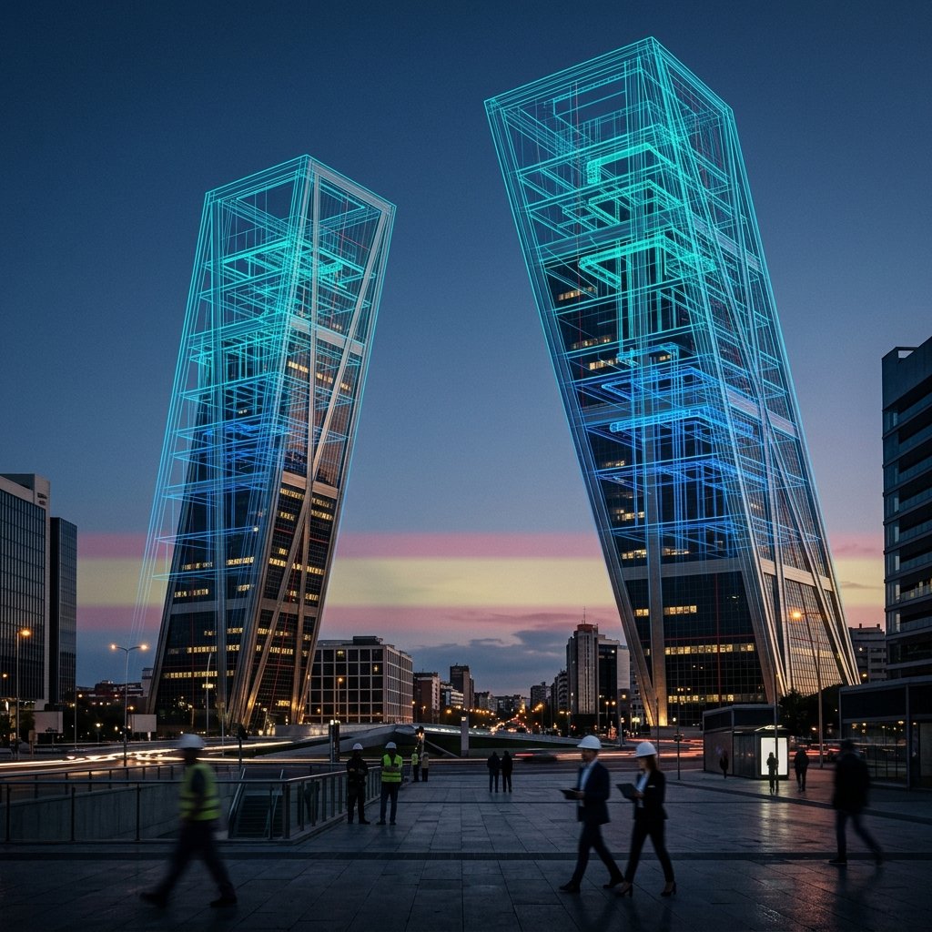 BIM en España 2026: Normativa, Obligatoriedad y Mercado Laboral 2 Edificio español con overlay de modelo BIM